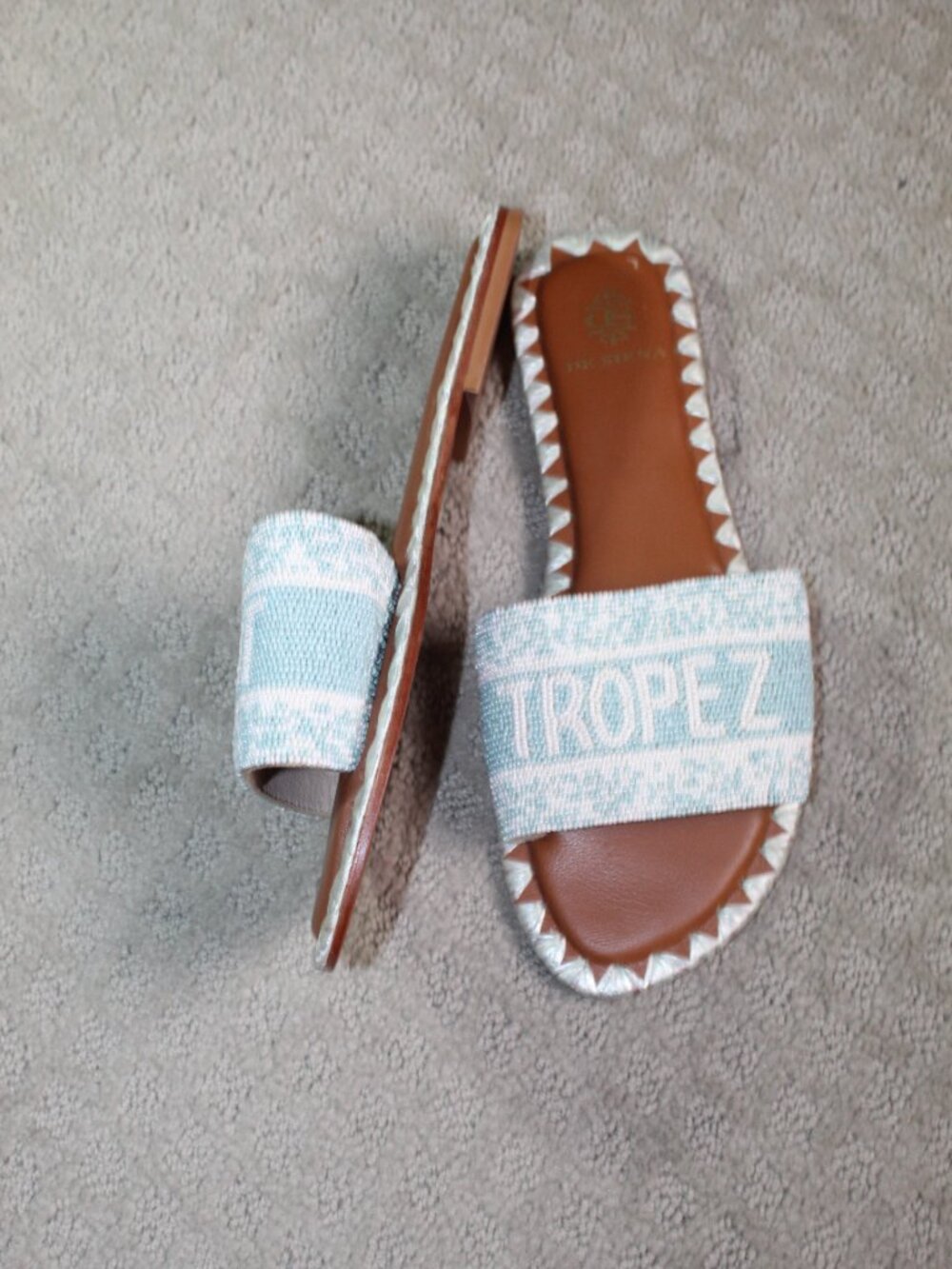 De Siena Saint Tropez Beaded Leather Slide Sandals Light Blue White Sz 39 / 8.5